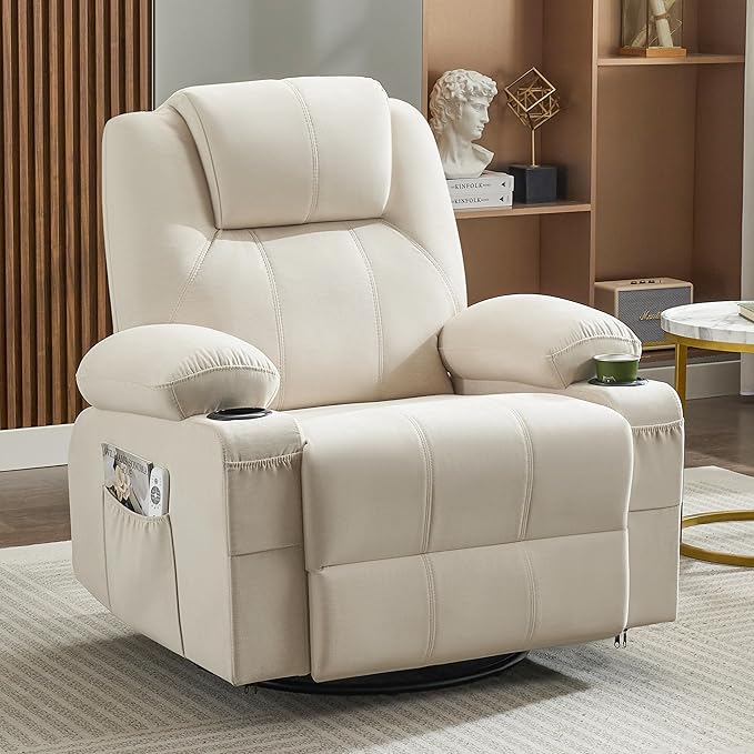 Oversized Swivel Rocker Recliner Chair with Heat and Massage 360 Degree Swivel Rocking Single Sofa with USB Port and Cup Holders Big Recliner Chair for Living Room (Fabric Light Beige)