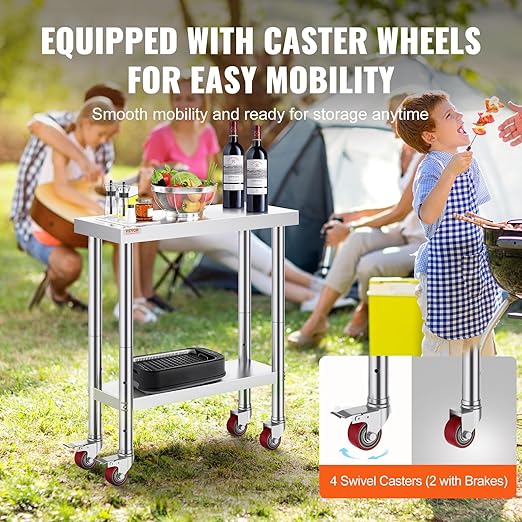 VEVOR Stainless Steel Work Table 30 x 12 x 34 Inch 700 LBS Load Capacity with 4 Wheels 3 Adjustable Height Levels Heavy Duty Food Prep Worktable for Commercial Kitchen Restaurant Silver