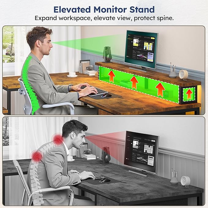 96.5''Office Desk with LED Lights L Shaped Gaming Desks with Power Outlets Two Person Computer Desk with Drawers &amp Monitor Shelf for Home Office Study Room and Bedroom Rustic Brown