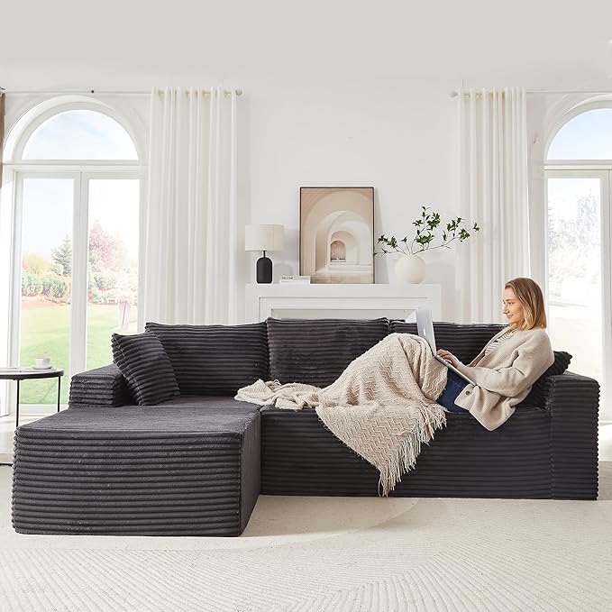 103'' Modular Sectional Sofa with Deep Seat Comfy L Shaped Couch Modern Cloud Couch with Oversized Chaise Corduroy No Assembly Required for Living Room Bedroom Dark Grey