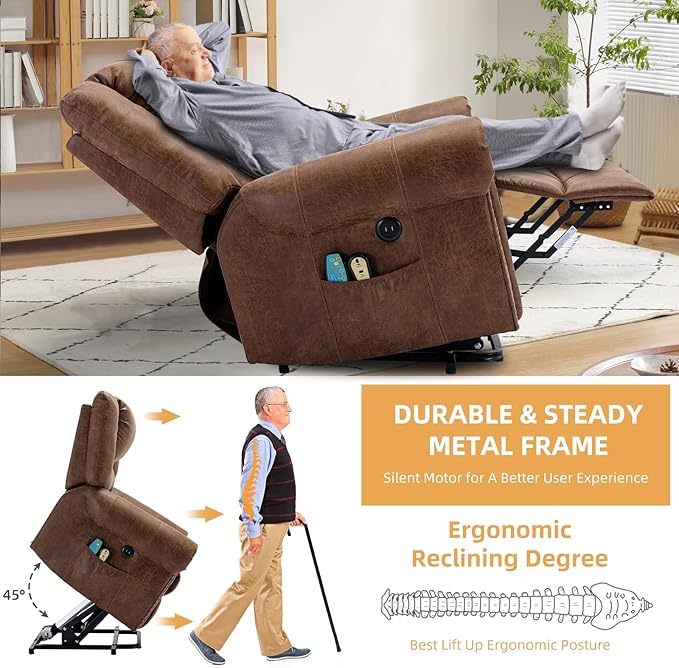 Electric Power Lift Recliner Chairs with Massage and Heat for Elderly Overstuffed Wide Ergonomic Lounge Chair Classic Single Sofa for Living Room with 2 Remote Control/USB Ports(Brown)