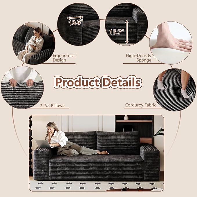 Modern Corduroy Loveseat Sofa2-Seater Cloud Couch with Memory Foam and Furry PillowsDeep Seat Small Sofa with Wide ArmrestsNo Assembly Couch in a Box for BedroomSmall Space (Black63in)