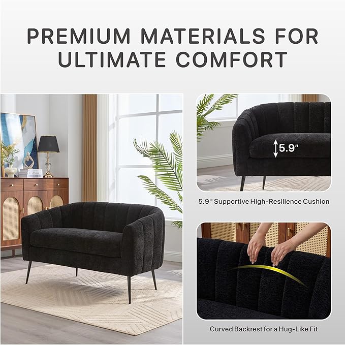 50.2'' Loveseat Sofa Modern Sherpa Boucle 2-Seater Sofa with Metal Legs Comfy Upholstered Small Accent Couch for Living Room Bedroom Office (Black).