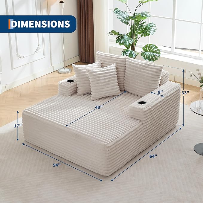 IDEALHOUSE 64 Oversized Chaise Lounge Chair Indoor Upholstered Boneless Sofa Bed with Throw Pillows Cup Holders and Armrests Comfy Corduroy Sleeper Couch for Living Room Bedroom Office (Beige)