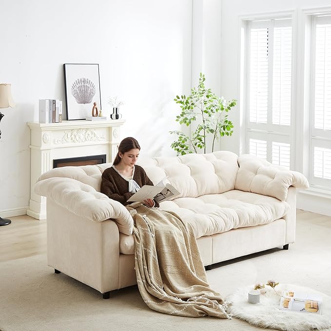 KEIKI 94.8 Chenille Deep Seat Modern Cloud Sofa Fluffy Deep Cushion Upholstered 3 Seat Couch with Wood Frame Support Designed for Offices Studios Waiting Areas and Stylish Professional Interiors