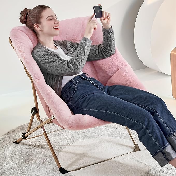 Walsham Folding Comfy Chair Faux Fur Soft Cozy Lounge Reading Papasan Chair for Adults Kids Bedroom Living Room Dorms Small Space Pink