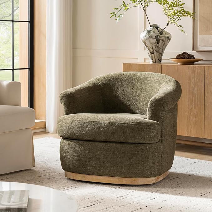 HULALA HOME Swivel Barrel Chair with Rolled Arms Upholstered Fabric Swivel Round Armchair with Removable Cushion Solid Wood Base for Living Room Bedroom Moss