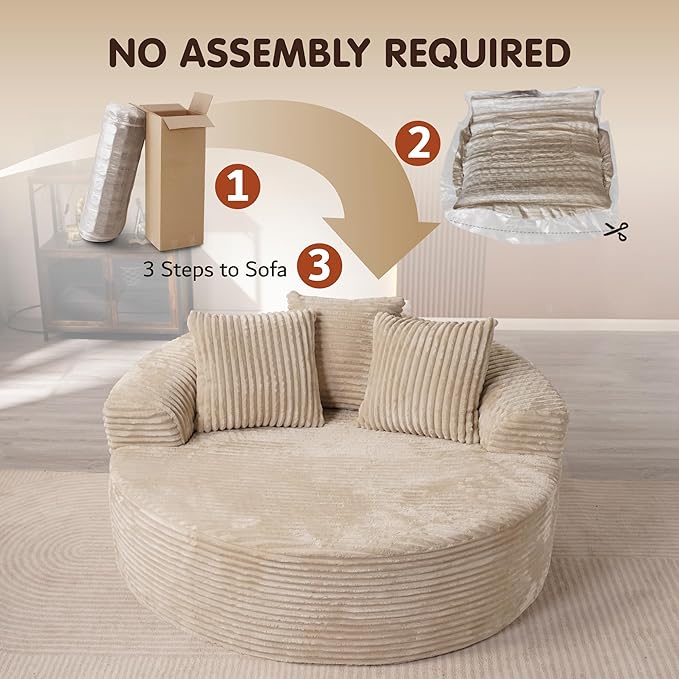 ovios 58 Oversized Round Chair Lounge Chaise Indoor No Assembly Required Cloud Large Circle Chair with Plush Fuax Fur Fluffy Modern Sleeper Sofa Bed for Reading Yoga Beige (Plush Corduroy Fabric)