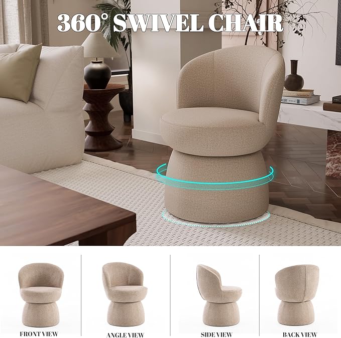 Rowill 360 Degree Swivel Vanity Chair Barrel Textured Accent Chair with Boucle Fabric Modern Khaki Accent Chairs for Living Room Dressing Room Reading Nook