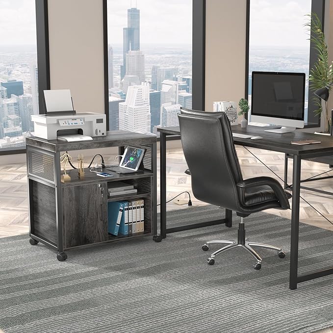 Unikito Rolling File Cabinet Lateral Office Filing Cabinets with Socket and USB Charging Port Modern Printer Stand on Wheels Printer Cabinet with Door and Open Storage Lockable Black Oak