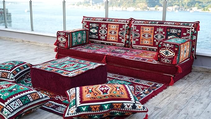 arabicsofa Maroon Arabic Majlis Sofa with Cushions – Modular Loveseat Floor Sofa for Living Room