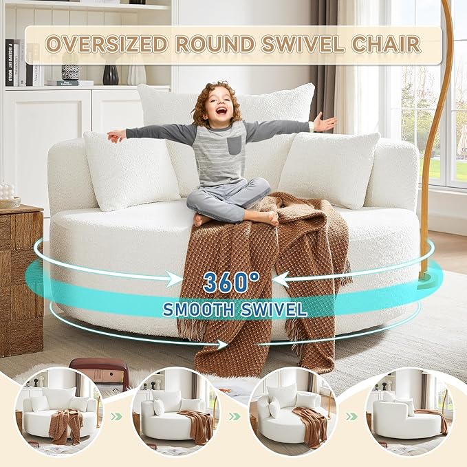 360° Swivel Barrel Chair - Oversized Round Sofa Chair and A Half with Removable Pillows Comfy Modern Upholstered Chenille Deep Seat Circle Chaise Lounge for Living Room Bedroom Office Hotel (White)