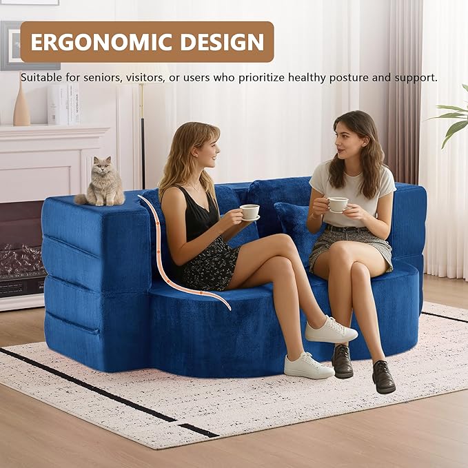2-in-1 Folding Sofa Bed with Pillow No Assembly Futon Twin Size Sofa Bed Breathable Velvet Convertible Couch Bed for Living Room and Guest Room 78.7 Inch Blue