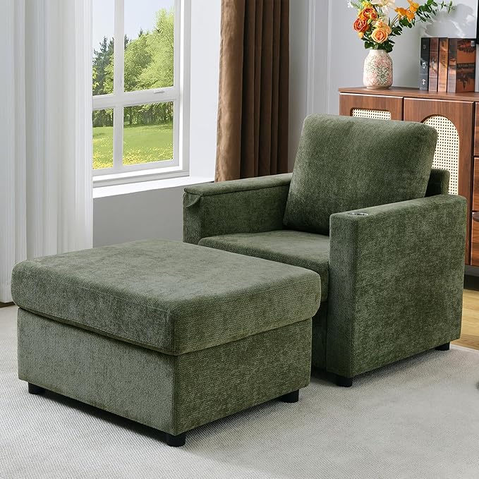 Modern Accent Chairs with Storage Ottoman Set Chenille Reading Armchair with Tray Table and Charging Ports Comfy Chaise Lounge Chair for Living Room Bedroom Reading Nook
