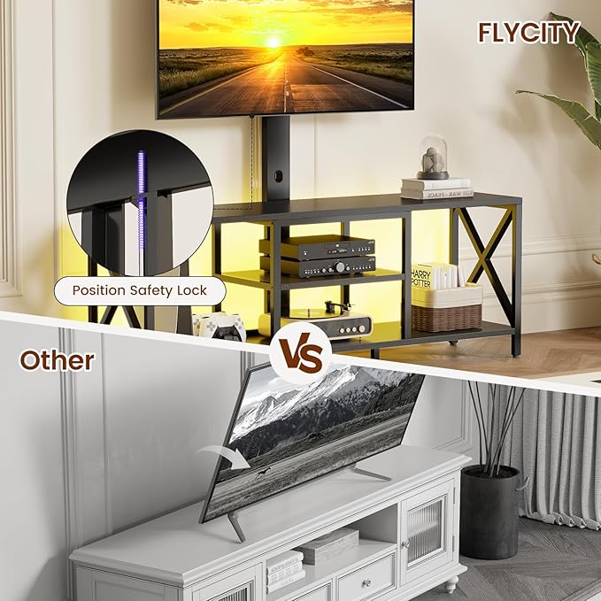 Flycity TV Stand with Mount and LED Lights Universal TV Stand Mount for 32-75 inch TV Entertainment Center with Storage Metal TV Console Table Height Adjustable TV Stands for Living Room Black