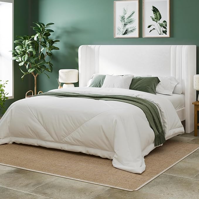 Allewie Full Size Velvet Platform Bed Frame with Vertical Tufted Wingback Headboard Easy Assembly Under Bed Storage No Box Spring Required Modern Style White