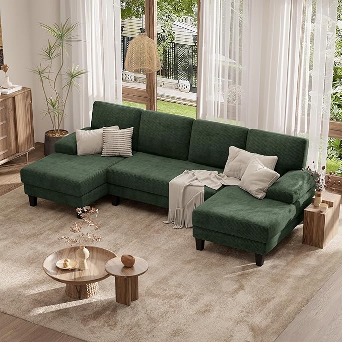 110 U-Shaped Sectional Sofa Couch for Living RoomModern Modular Sofa with Double ChaiseClassic Lounge Couch Sleeper forApartment Green Corduroy