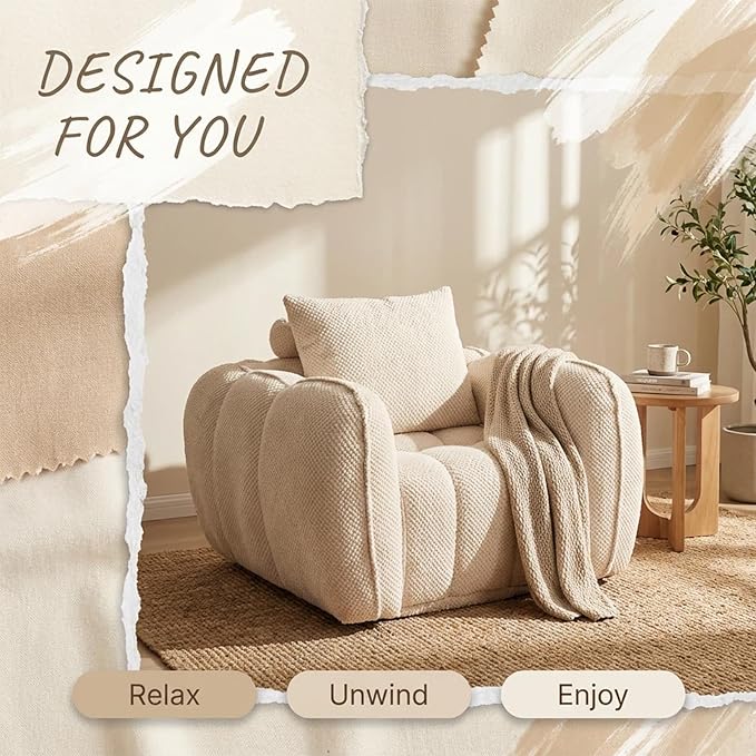 Furnimart Pumpkin Single Sofa Oversized Could Comfy Accent Chair Foam Boneless Chair Wide Seat Modern Small Couch for Living Room Bedroom Assemble Free(Beige)