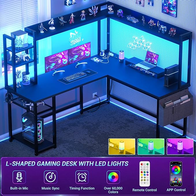 Aheaplus L Shaped Desk with Power Outlet L Shaped Gaming Desk with Led Light &amp Hutch Reversible Home Office Desk Corner Computer Desk Writing Desk with Monitor Stand &amp Storage Shelves Blac