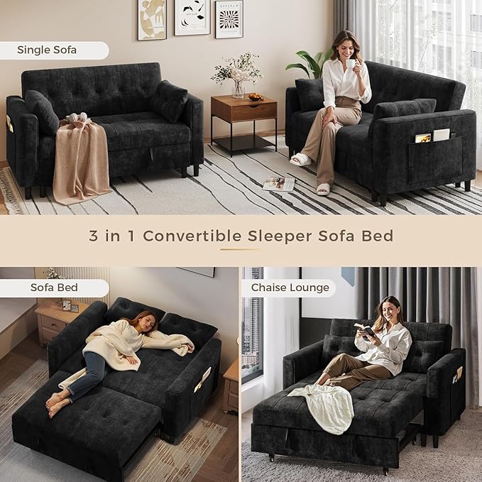 KKL 3 in 1 Convertible Sleeper Sofa Bed Pull Out Couch Bed with Adjustable Backrest Chenille Little Loveseat Couches with Side Pocket Small Futon Sofa Beds Couch for Living Room Bedroom (Black)