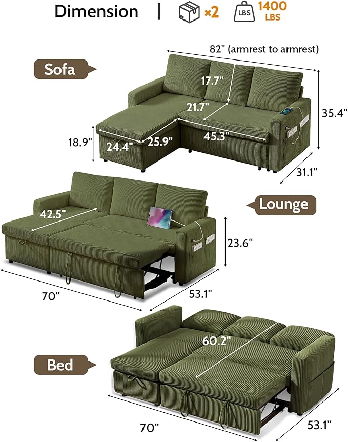 WEUP 82 L Shaped Sectional Sleeper Sofa Bed with Pull Out Bed Sectional Sleeper Couch Pull Out Couch with Reclining Backrest/Reversible Storage Chaise/USB Ports/Tool-Free Assembly Corduroy Green