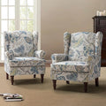 HULALA HOME Wingback Accent Chairs Set of 2 with Retro Wood Legs Traditional Fabric Armchairs for Living Room Bedroom Comfy Upholstered Sofa Chairs Reading Chairs with Unique Pattern Design Blue