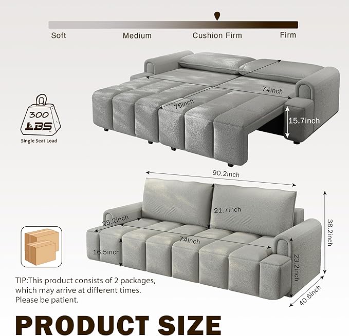 90.2 Futon Sofa Bed King 3-in-1 Teddy Convertible Sofa Upholstered Loveseat Couch with Pull Out Bed L Shape Couches Small Spaces Deep Seat Storage for Living Room Apartment Light Grey