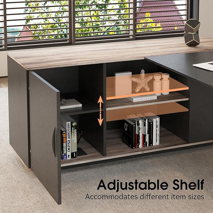 63 inches Executive Desk and 47 lateral File Cabinet L-Shaped Desk with Storage Shelves and Doors Modern Business Furniture DeskWriting Table Computer Desk for Home Office Brown and Black