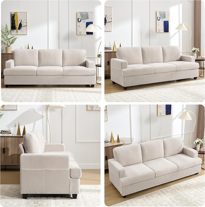 85 Inch Sofa with Side Pocket Corduroy Fabric 3 Seater Couch for Living Room Comfy Modern Small Couch for Bedroom Small Spaces Dorms Office Beige