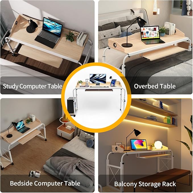 Mobile OverBed Table 120-Inch Extra Wide Adjustable Standing Desk with Lockable Wheels Heavy Duty Workstation Portable Overbed Computer Table for Laptop Office