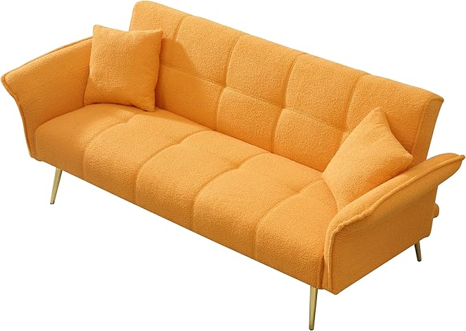 Convertible Sofa Bed Futon Couch Bed with Adjustable Arms and Backrest Modern Love Sofa with Gold Metal Legs for Living Room Bedroom (Teddy Fabric in Yellow 70.1 Wx31.1 Dx31.5 H)