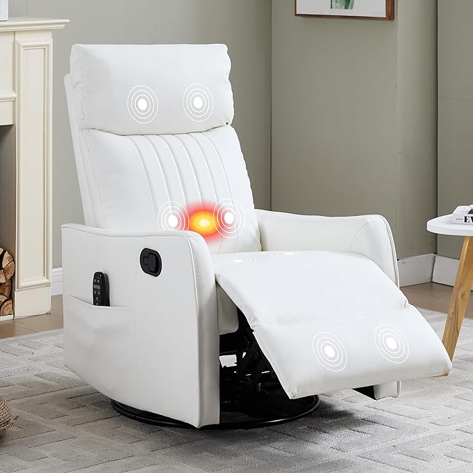 Manual Swivel Rocker Recliner Chair for Adults Overstuffed Reclining Glider Chair for Nursing with Vibration Massage &amp Heat Living Room Rocking Recliner 2-Stage backrest Faux Leather White