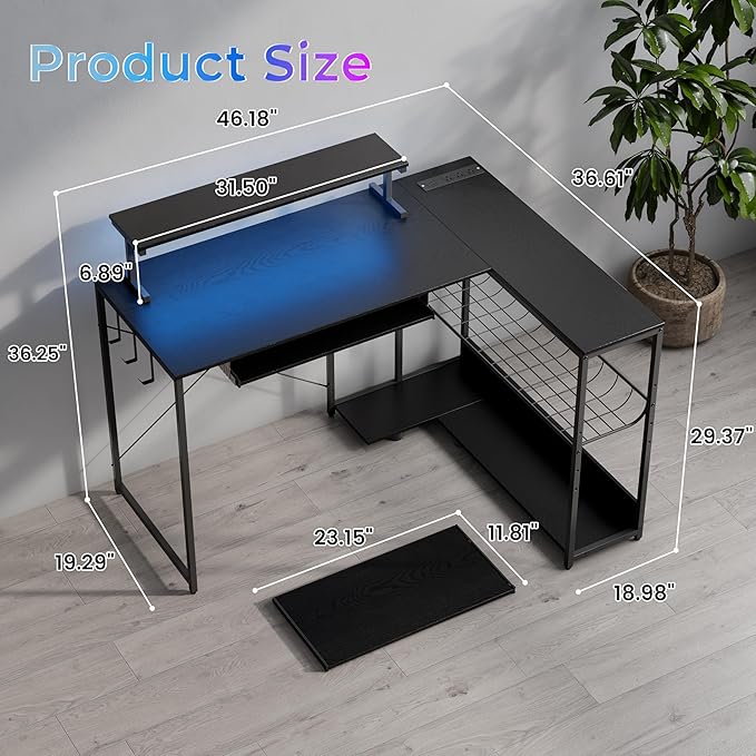 L Shaped Gaming Desk with Power Outlets &amp RGB Lights 46'' L- Shaped Desk Computer Corner Desk with Monitor Stand &amp Storage Shelf &amp Hook Home Office Desk Writing Desk Black