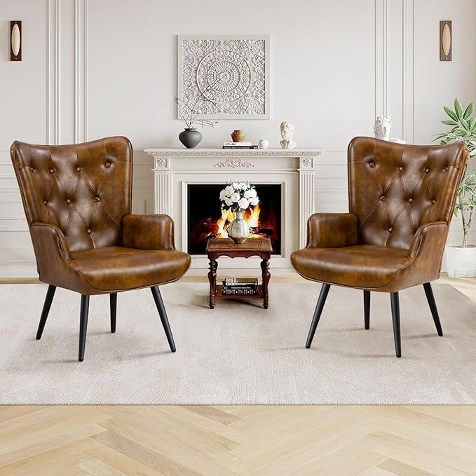 Furniliving PU Leather Accent Chair for Living Room Upholstered Reading Chair with High Backrest Tufted-Button Wingback Armchair for Bedroom Dressing Room Home Office Brown