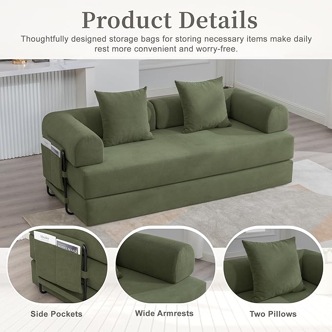 4‑in‑1 Convertible Sleeper Sofa Bed DIY Combination Floor Sofa Lounge Couch with Cylindrical Pillow Corduroy Futon Folding Mattress Couch for Apartment Bedroom Playroom Green