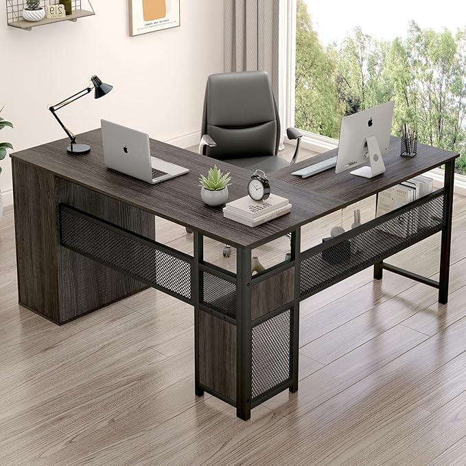 LVB L Shaped Desk Wood Metal Computer Desk with Drawer Industrial Corner Home Office Desk with Storage Cabinet for Bedroom Dark Gray Oak 59 Inch