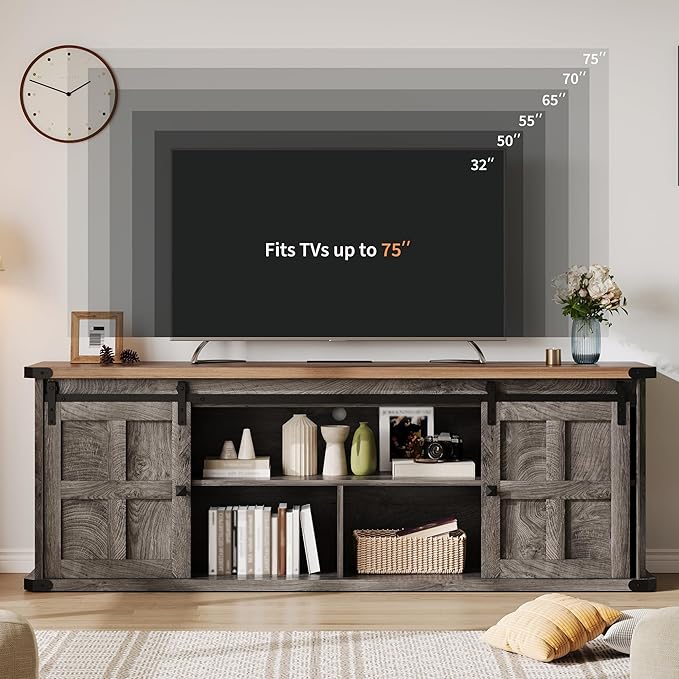 GAOMON 70 Farmhouse TV Stand for 80/75/70 Inch TVsEntertainment Center Storage Cabinets w/Power Outlets and Sliding Barn DoorRustic TV Stands for Living RoomMedia Console Cabinet (Black+Gray)