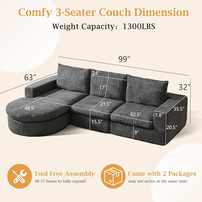 99 Modular Sectional Sofa Cloud Sectional Couch with Neck Pillow &amp Deep Seat Chenille Boneless Couches with L-Shape Chaise for Living RoomNo Assembly Required Grey