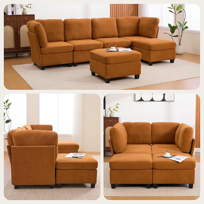 113.39 Modular Sectional Sofa 6 Seaters Sectional Sleeper Sofa U Shaped Couch Comfy Convertible Couches with Ottomans Oversized Modular Sofa with Large Storage for Living Room (Orange)