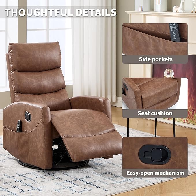 Manual Swivel Rocker Recliner Chair for Adults Overstuffed Reclining Glider Chair for Nursing with Vibration Massage &amp Heat Living Room Rocking Recliner 3-Stage backrest Faux Leather Yellow Bro