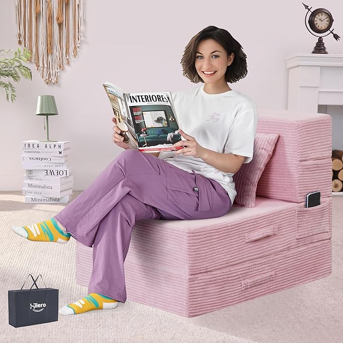 Folding Sofa Bed 4 in 1 Convertible Sleeper Chair with Pillow Single Memory Foam Fold Out Chair Bed Modern Floor Futon Sofa Couch Mattress for Living Room/Guest/Apartment Pink