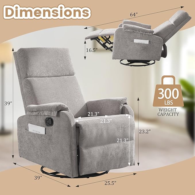 Swivel Rocking Recliner with Massage Small Glider Chair for Nursery Modern-Designed Armrests Chair for Adults Living Room Chenille Grey