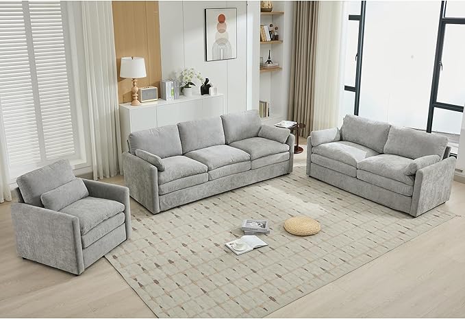 3-Piece Cozy Upholstered Sofa Set Upholstered Sofa Set with Single Sofa Loveseat and 3-Seater Sofa Oversized Comfy Cloud Sofa for Living Room Office Apartment (Light Grey-4c)