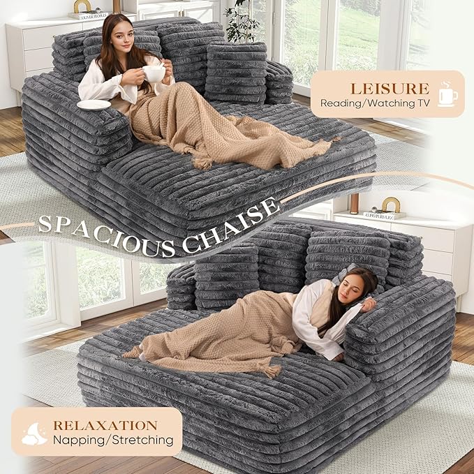 Chaise Lounge Chair Indoor Comfy Corduroy Plush Fluffy Foam Floor Compressed Sofa Chair Leisure Reading Single Sleeper Chaise Chair for Living Room Bedroom Office Pillows Included (Grey)