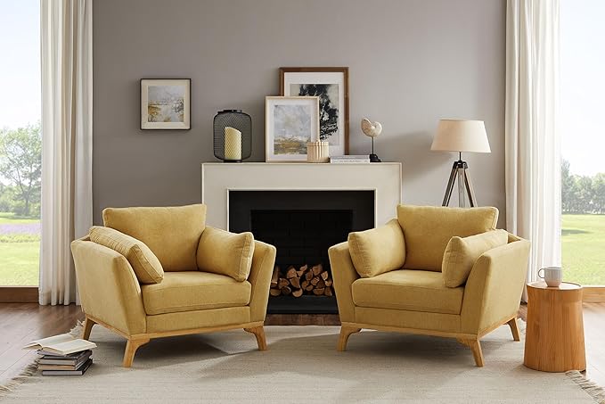 VANOMi Large-Sized Accent Chair Thick Cushion Bedroom Reading Chair Comfortable Living Room Single Sofa Linen Yellow