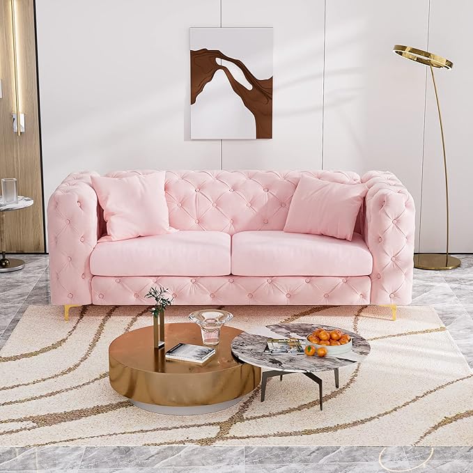 75 Sofa Couch Mid Century Modern Velvet Couch Tufted Button Sofa High Armrest &amp Metal Gold Legs Luxury Chesterfield Decor with 2 Piilows Comfy Loveseat for Living Room Pink