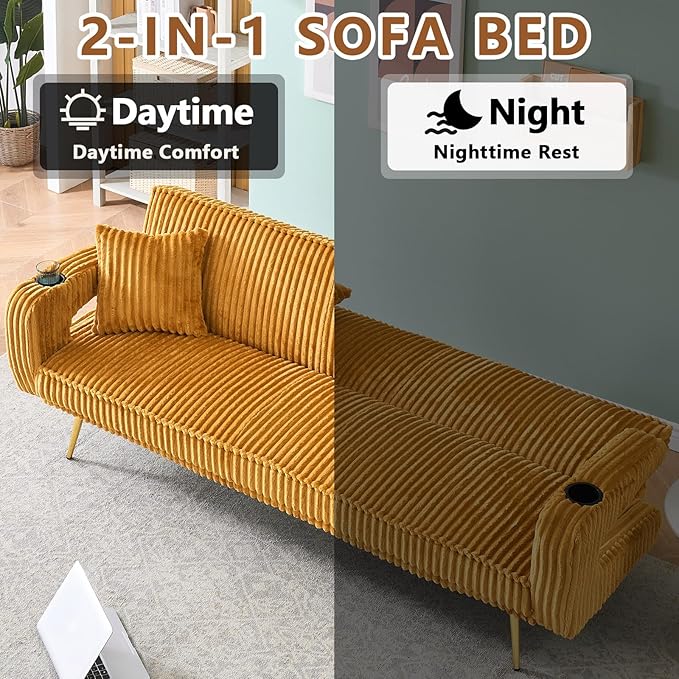 70 Beige Futon Couch Bed Sofa Comfortable Futon Loveseat with Cupholders &amp Arms Convertible Fouton Sofas with Adjustable Backrest &amp Pockets for Small Spaces Living Room Bedroom Dorm (Orange