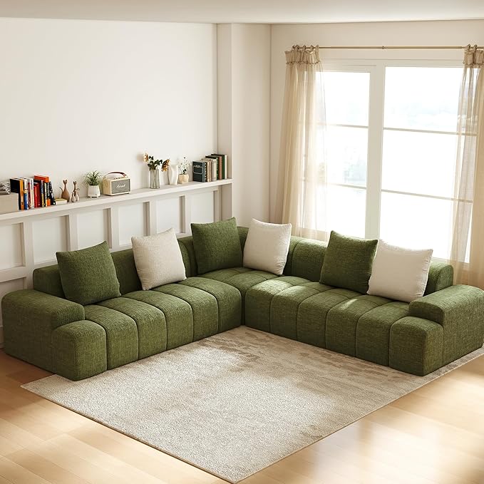Cloud Modular Sectional Sofa Couch 108 V Shaped Chenille Fabric Memory Foam Sofa 5-Seater Couches with 6 Pillows for Living RoomApartmentGreen