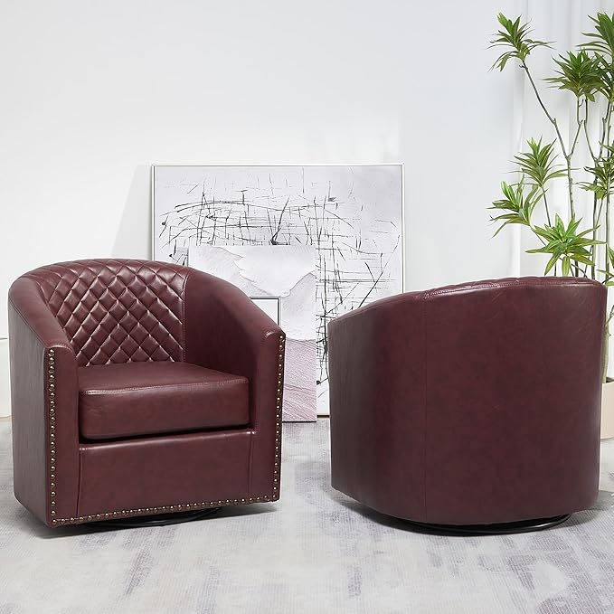 KINWELL 50 Faux Leather Upholstered Loveseat Sofa with 2 Swivel Barrel Accent Chairs Minimalist Comfy 2-Seater Couch and Armchair for Small Spaces Apartment Red
