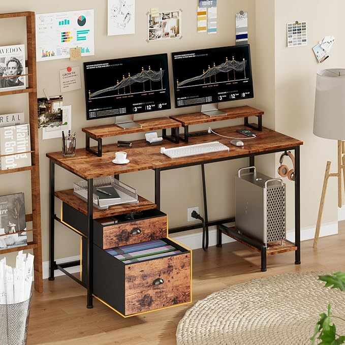 Furologee 47 Inch Computer Desk with Power Outlet Home Office Desk with Monitor Stand File Drawers Cabinet CPU Stand &amp Hooks Writing Table for Bedroom Study Work Rustic Brown (Rustic Brown)